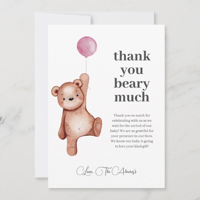 EDITABLE Teddy Bear Girl Babydusche Dankeskarte (Vorderseite)