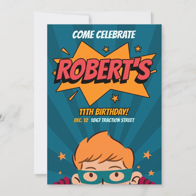 Editable Template Comic Style Superhero Geburtstag Einladung (Vorderseite)