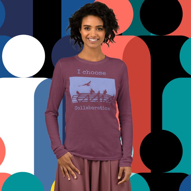 Editable Text Cute Seagulls Art Print  Tri-Blend Shirt (A woman wearing a long-sleeved illustration of Seagulls and text, "I choose to collaborate" Customiz)