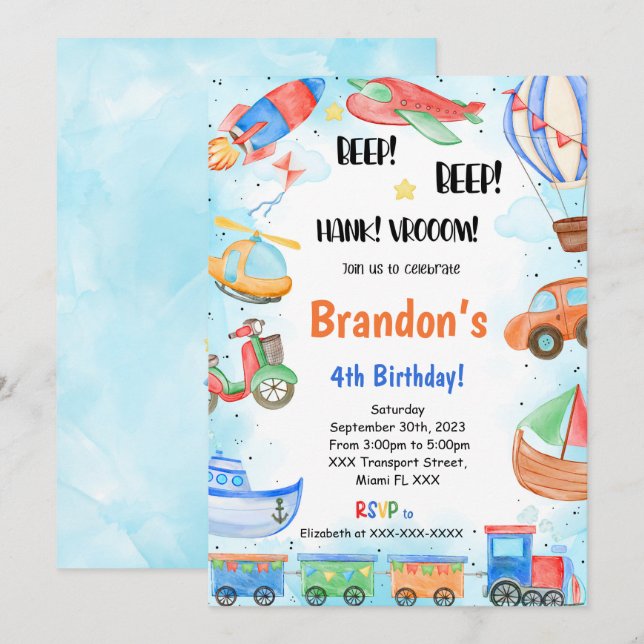 Editable Transportation Birthday Party Einladung (Vorne/Hinten)