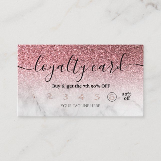 Editable Treuekarte Rose Gold Glitzer Marmor Visitenkarte (Vorderseite)
