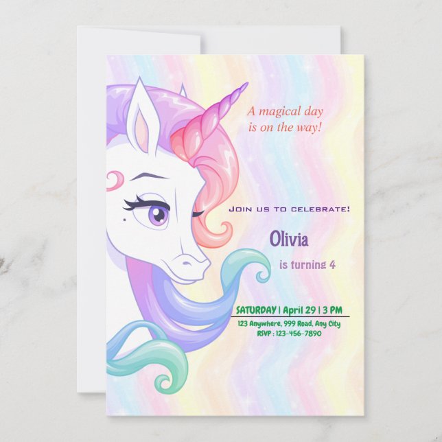 Editable Unicorn Birthday Einladung (Vorderseite)