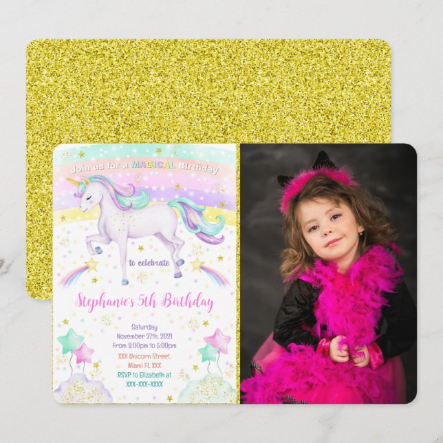 Editable Unicorn Foto Einladung (Vorne/Hinten)
