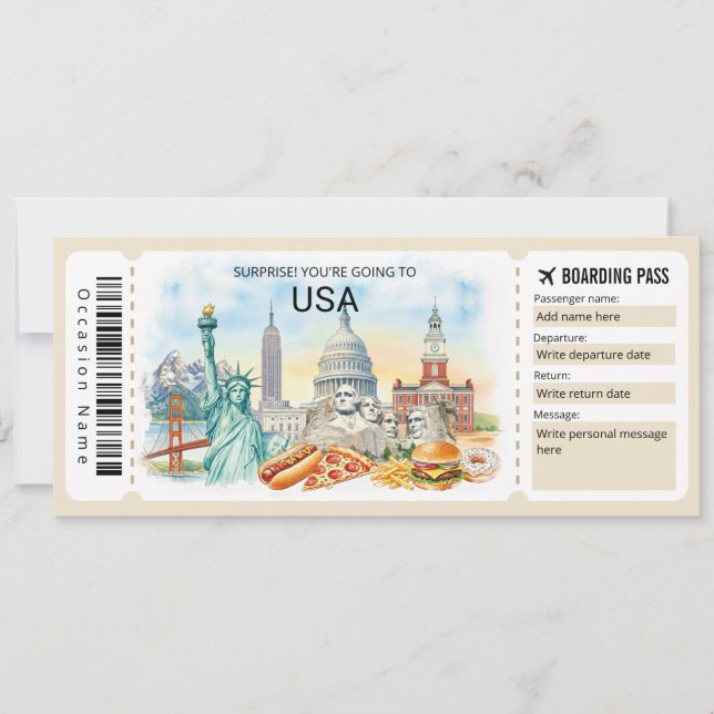 Editable USA Trip Boarding Pass Ticket Einladung (Vorderseite)