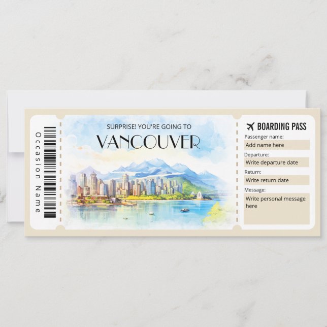 Editable Vancouver Canada Flugzeug Boarding Pass Einladung (Vorderseite)