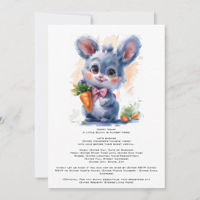 Editable Watercolor Bunny Baby Dusche Einladung (Vorderseite)