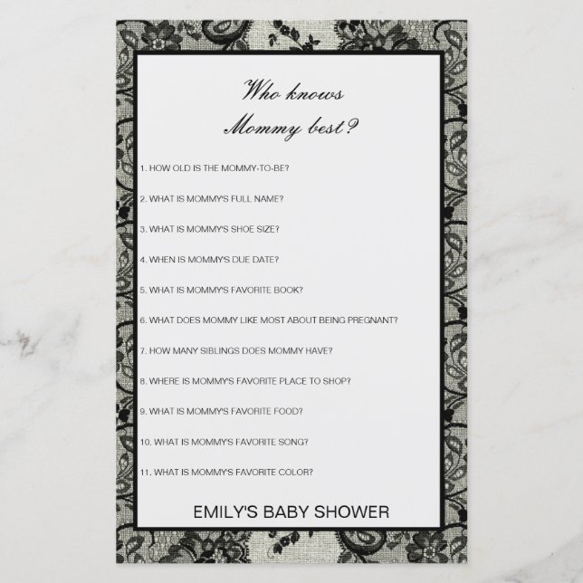 Editable Wer Mommy Best Baby Shower Game kennt (Vorderseite)