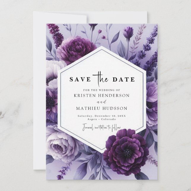Editable Whimsical Lila Floral Wedding Save The Date (Vorderseite)