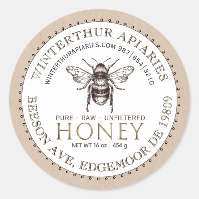 Editable White and Kraft Honey Jar Bee Label Runder Aufkleber (Vorderseite)