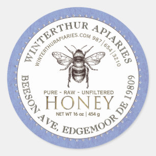 Editable White Blue Kraft Honey Jar Bee Label Runder Aufkleber