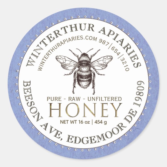 Editable White Blue Kraft Honey Jar Bee Label Runder Aufkleber (Vorderseite)