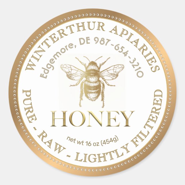 Editable White Honey Label Gold Border and Biene Runder Aufkleber (Vorderseite)