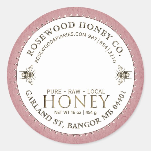 Editable White Rose Kraft Honey Jar Bee Label Runder Aufkleber (Vorderseite)