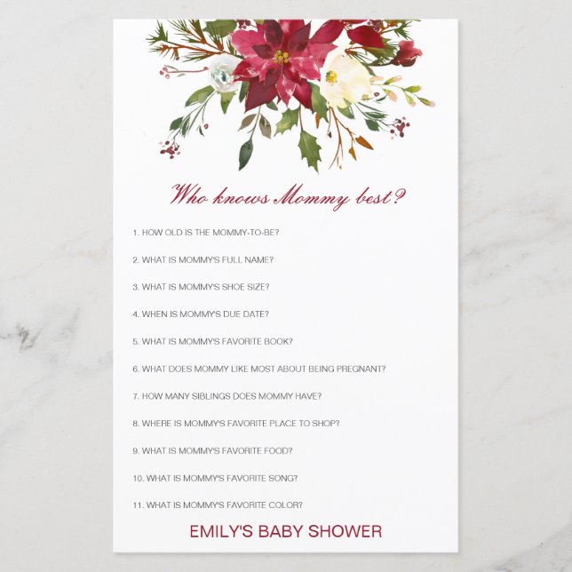 Editable Who Knows Mommy Best Baby Shower Game (Vorderseite)