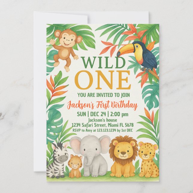Editable Wild One Safari Invitation Anniversaire (Devant)