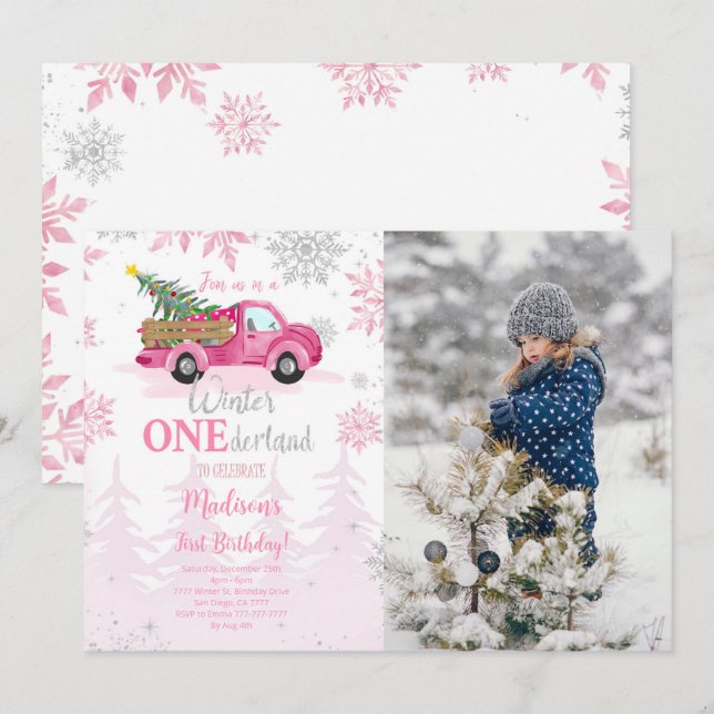 Editable Winter Wonderland Foto Einladung (Vorne/Hinten)