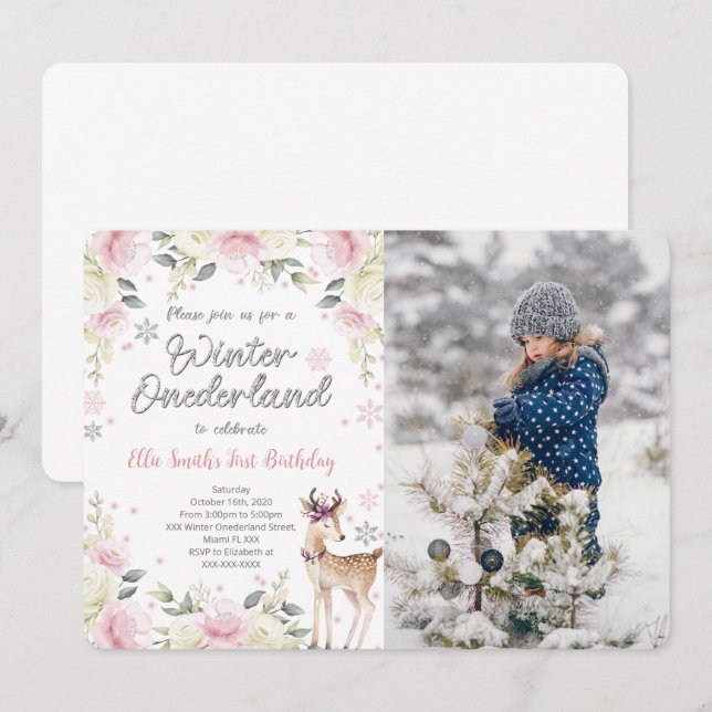 Editable Winter Wonderland Foto Einladung (Vorne/Hinten)