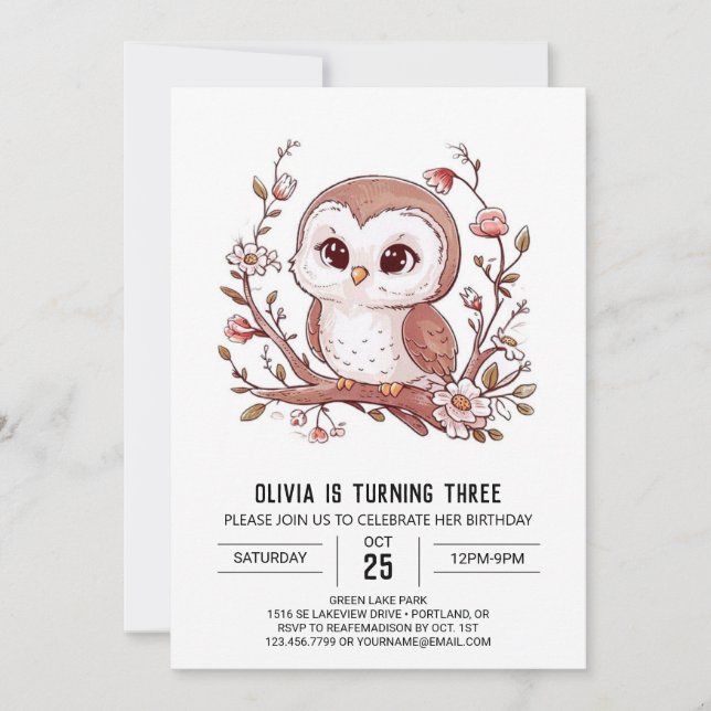 Editable Woods Digital Owl Birthday Einladung (Vorderseite)