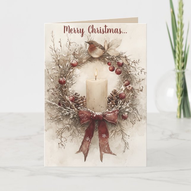 Editable Wreath Candle und Bird Frohe Weihnachten Karte (Vorderseite)