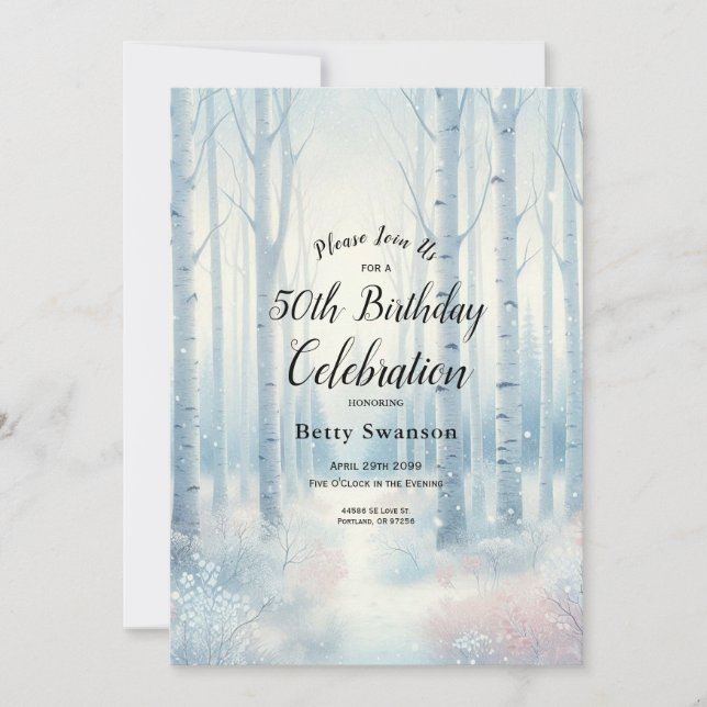 Editable Year Mattiert Blue Birch Forest Birthday Einladung (Vorderseite)