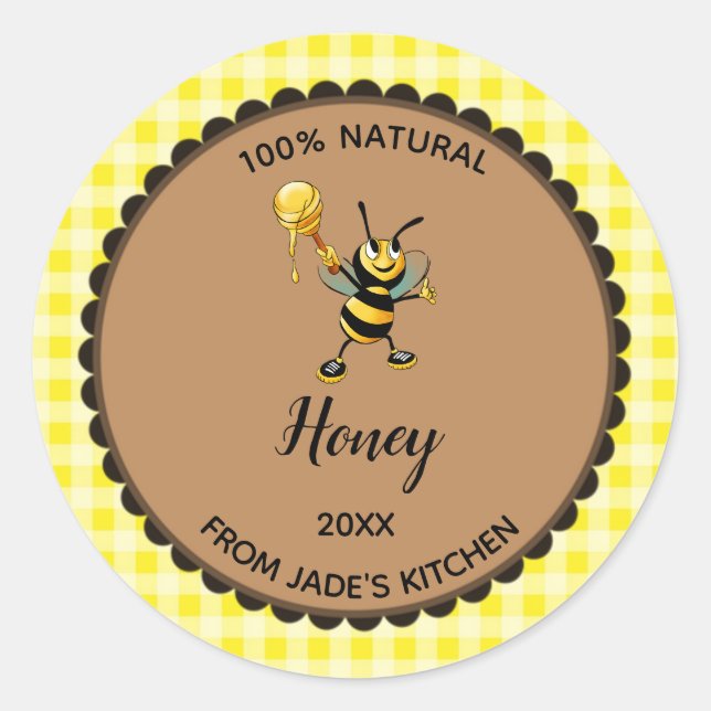 Editable Yellow Gingham Honey Bee Label Stickers (Vorderseite)