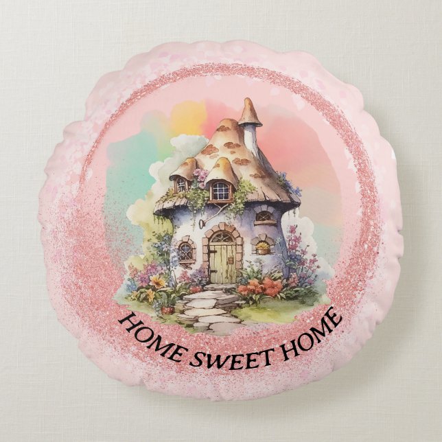 Editierbar Niedlich Fairy House Zuhause Sweet Zuha Rundes Kissen (Vorderseite)