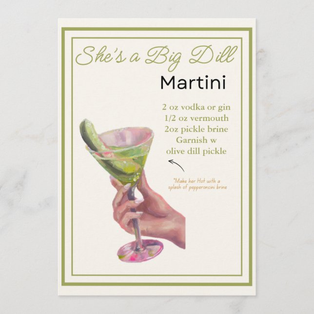 Editierbar Sie ist eine Big Dill Martini-Rezept-Ka Menükarte (Vorderseite)