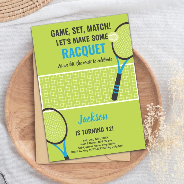Editierbare Boys oder Girls Sports Party Card mit  Einladung (Green Blue Tennis Birthday Invitations)