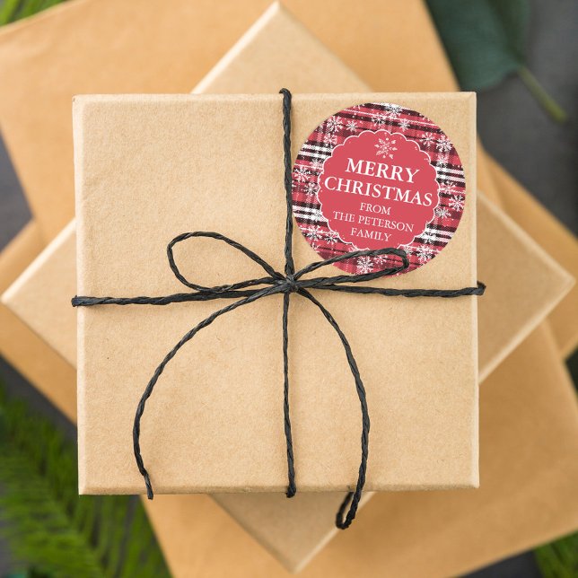 Editierbare Flanelllinie kariertes Muster dunkelro Runder Aufkleber (Von Creator hochgeladen)