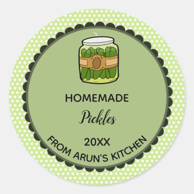 Editierbare Green Polka Dot Pickles Label Stickers (Vorderseite)