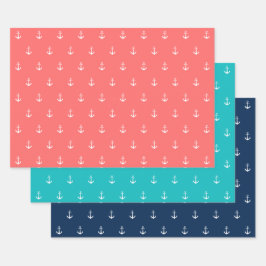 Editierbare Hintergrundfarbe Weißer Anker Nautic Geschenkpapier Set