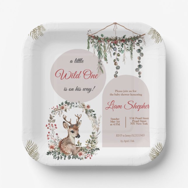 Editierbare Niedliche Woodland Babydusche Teller (Vorderseite)