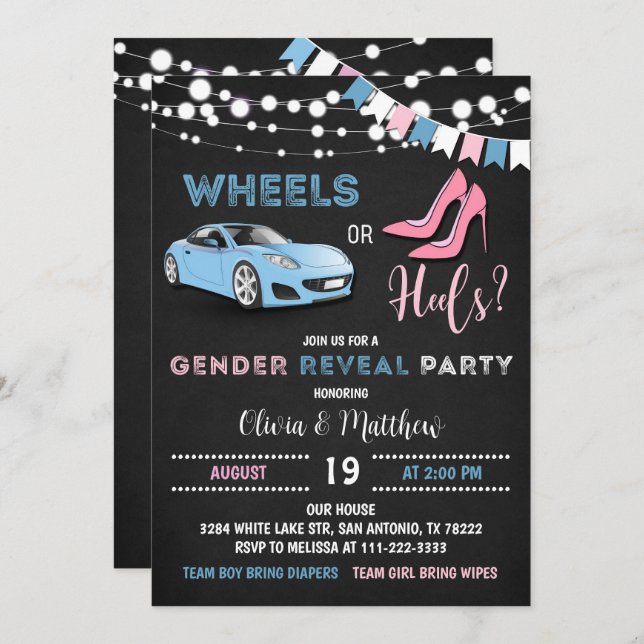 Editierbare Räder oder Heels Gender Reveal Party Einladung (Vorne/Hinten)