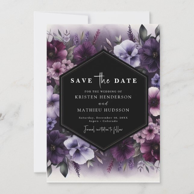Editierbare Typografie Lila Blumenhochzeit Save The Date (Vorderseite)