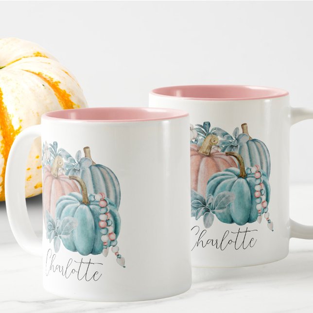 Editierbare Wasserfarbe Blau Pink Pumpkin Name Her Zweifarbige Tasse (Von Creator hochgeladen)
