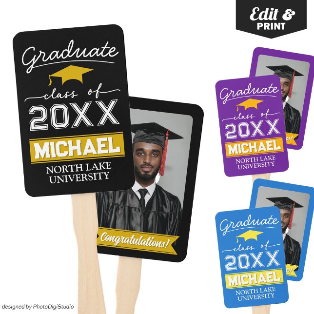 Editierbarer Abschluss Handfächer mit Name & Schul (Editable Graduation Hand Fan with Name & School, Custom Black Gold Hand Fan for Graduation Ceremony )