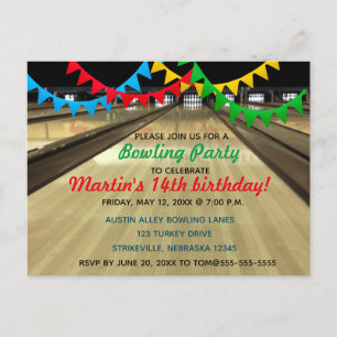 Editierbarer Bowling Alley Lane Birthday Party Einladungspostkarte