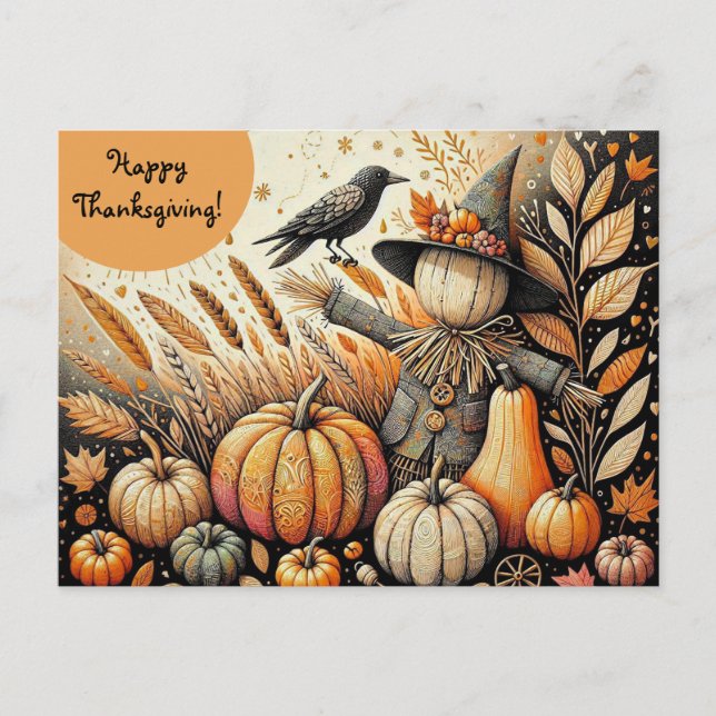 Editierbarer Erntedank für Crow und Pumpkins Postkarte (Vorderseite)