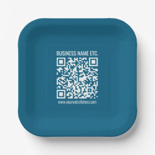 Editierbarer ozeanblauer QR-Code Pappteller