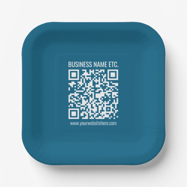 Editierbarer ozeanblauer QR-Code  Pappteller (Vorderseite)