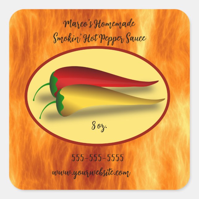 Editierbares Flames Smokin' Hot Pepper Sauce Label Quadratischer Aufkleber (Vorderseite)