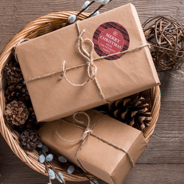 Editierbares Flanell kariertes goldfarbenes Weihna Runder Aufkleber (Von Creator hochgeladen)