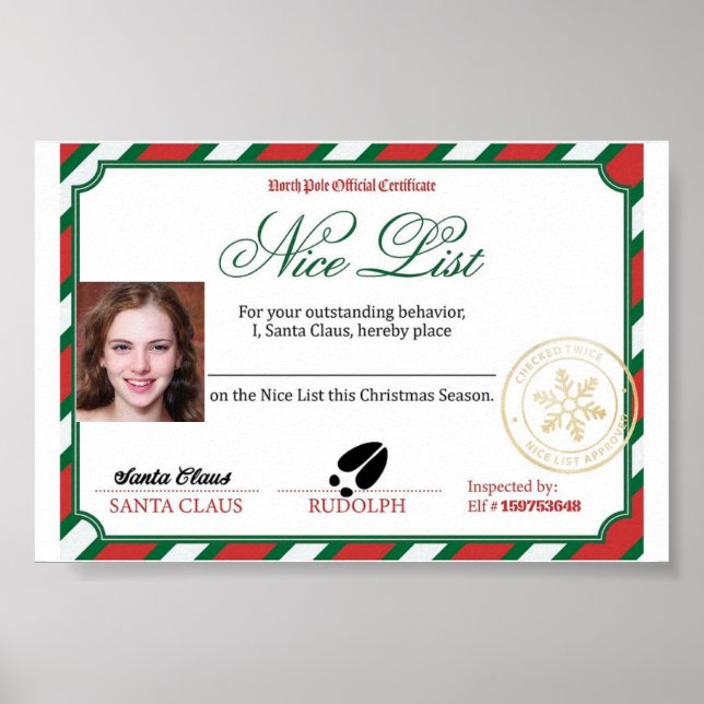 Editierbares Foto Santas Nice List Certificate Poster (Vorne)