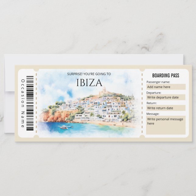 Editierbares Ibiza Flugzeug Boarding Ticket Einladung (Vorderseite)