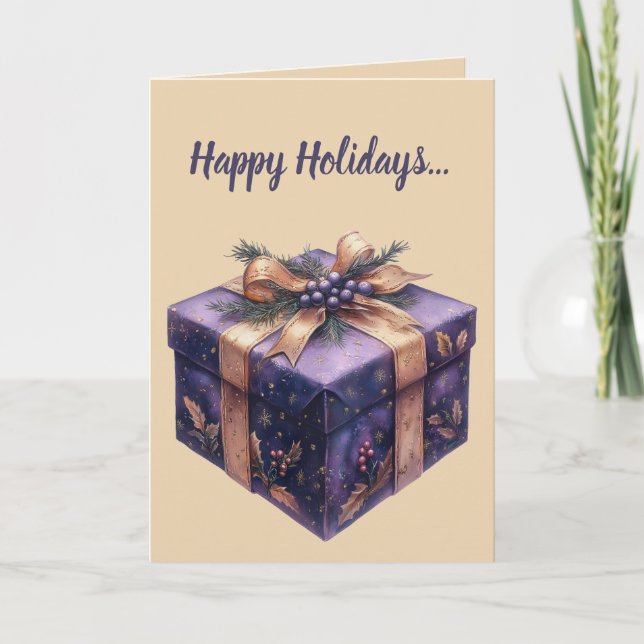 Editierbares Lila Geschenk und Bow Weihnachten Karte (Vorderseite)