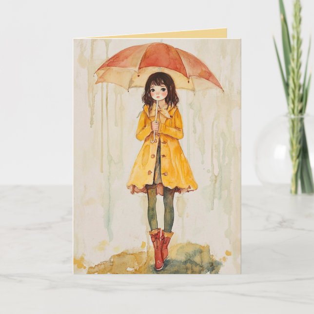 Editierbares Mädchen mit Regenschirm in der Regenu Karte (Vorderseite)