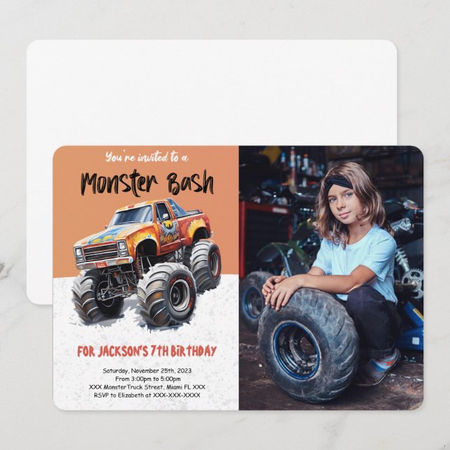 Editierbares Monster Truck Birthday Foto Einladung (Vorne/Hinten)