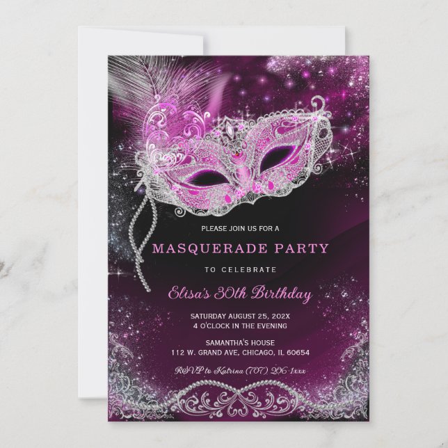 Editierbares Party mit schwarzem und rosa Maskerad Einladung (Vorderseite)