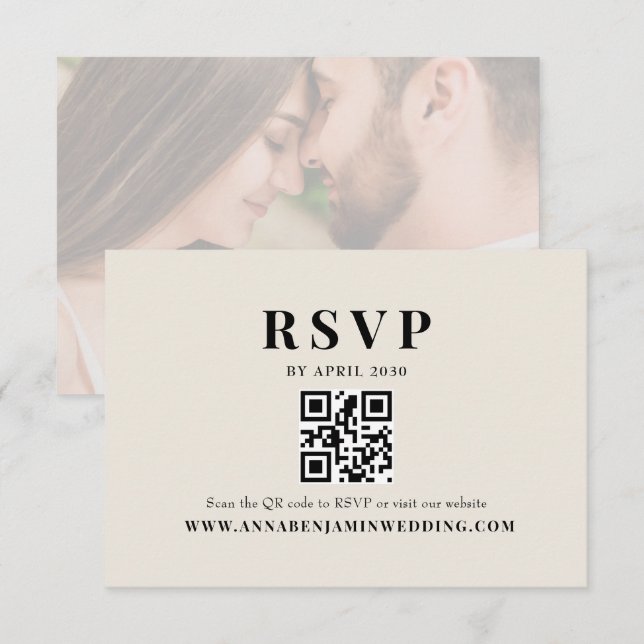 Editorial Elfenbein Foto QR Code Hochzeit RSVP Karte (Vorne/Hinten)