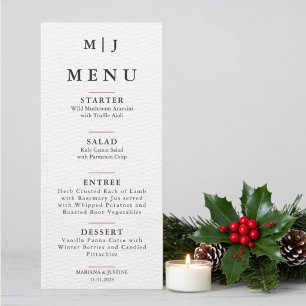 Editorial Minimalistische Winterhochzeitsmonogramm Menükarte